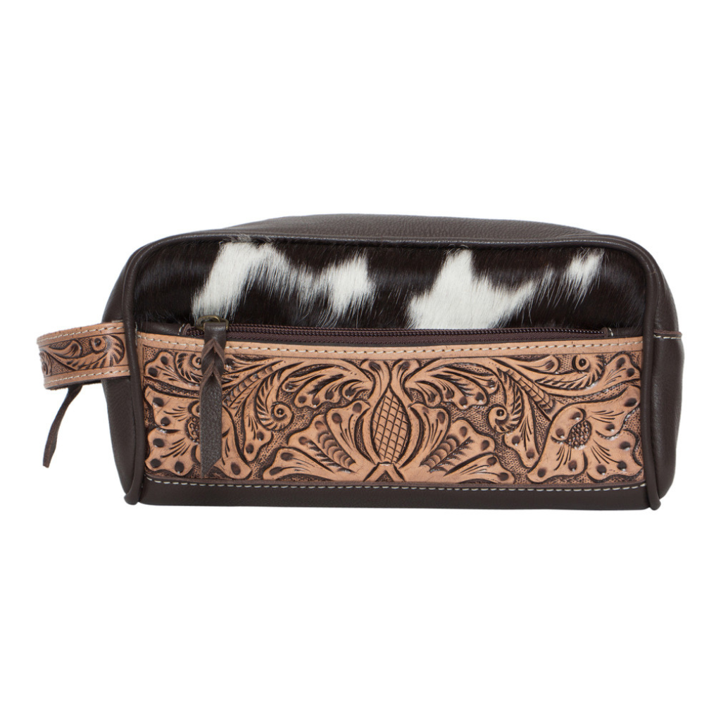 Cowhide Tooling Leather Toiletries Bag - Brown