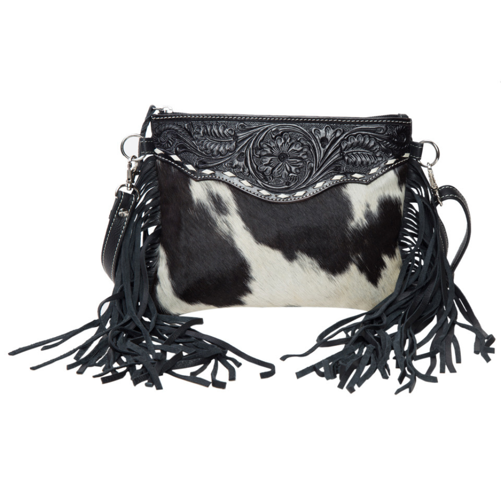 Tooling Leather Cowhide Clutch Bag w/fringe - Black/White