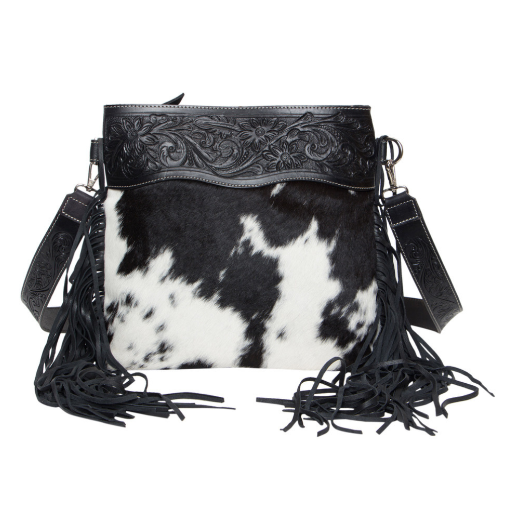 Tooling Leather Medium Sling Cowhide Bag - Black/White