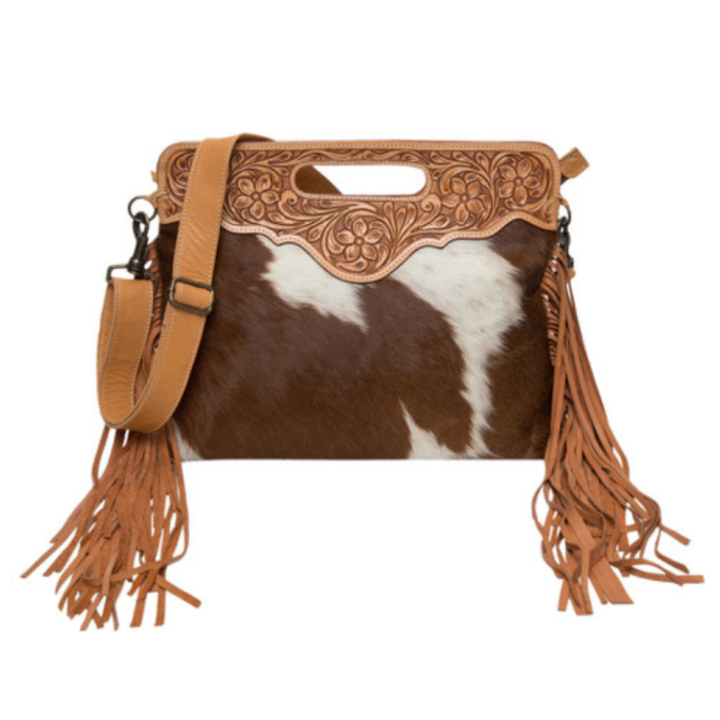 Cowhide Tooled Leather Bag W/Fringe - Tan/White