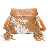 Tooling Leather Medium Sling Cowhide Bag - Tan/White