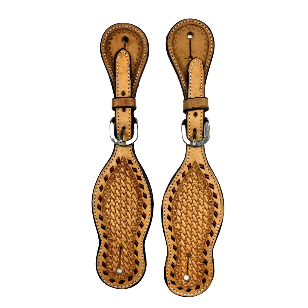 Ezy Ride Ladies Spur Strap - Basket Stamping/Red Lace Border Natural