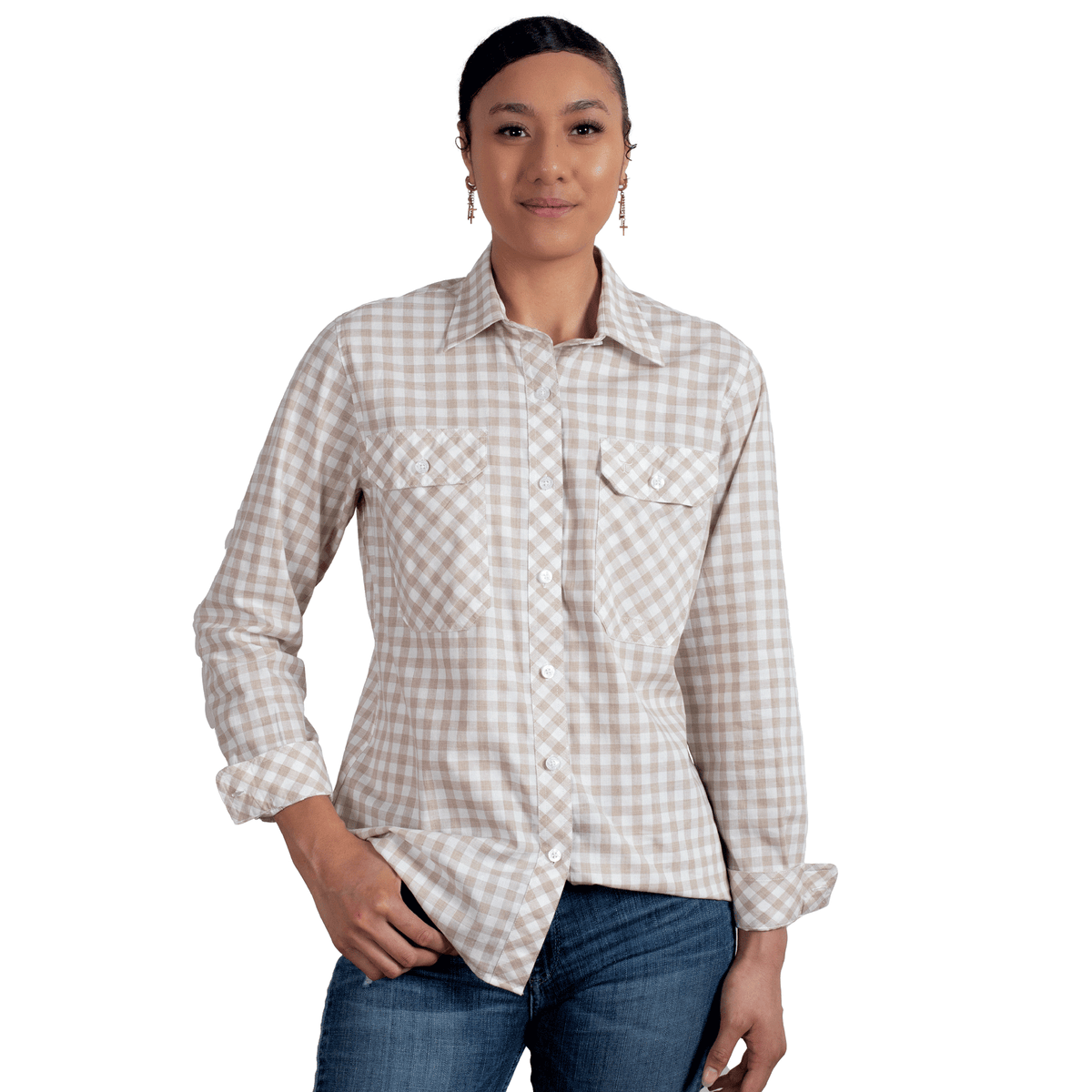 Just Country Abbey Full Button Print Shirt - Fawn Check