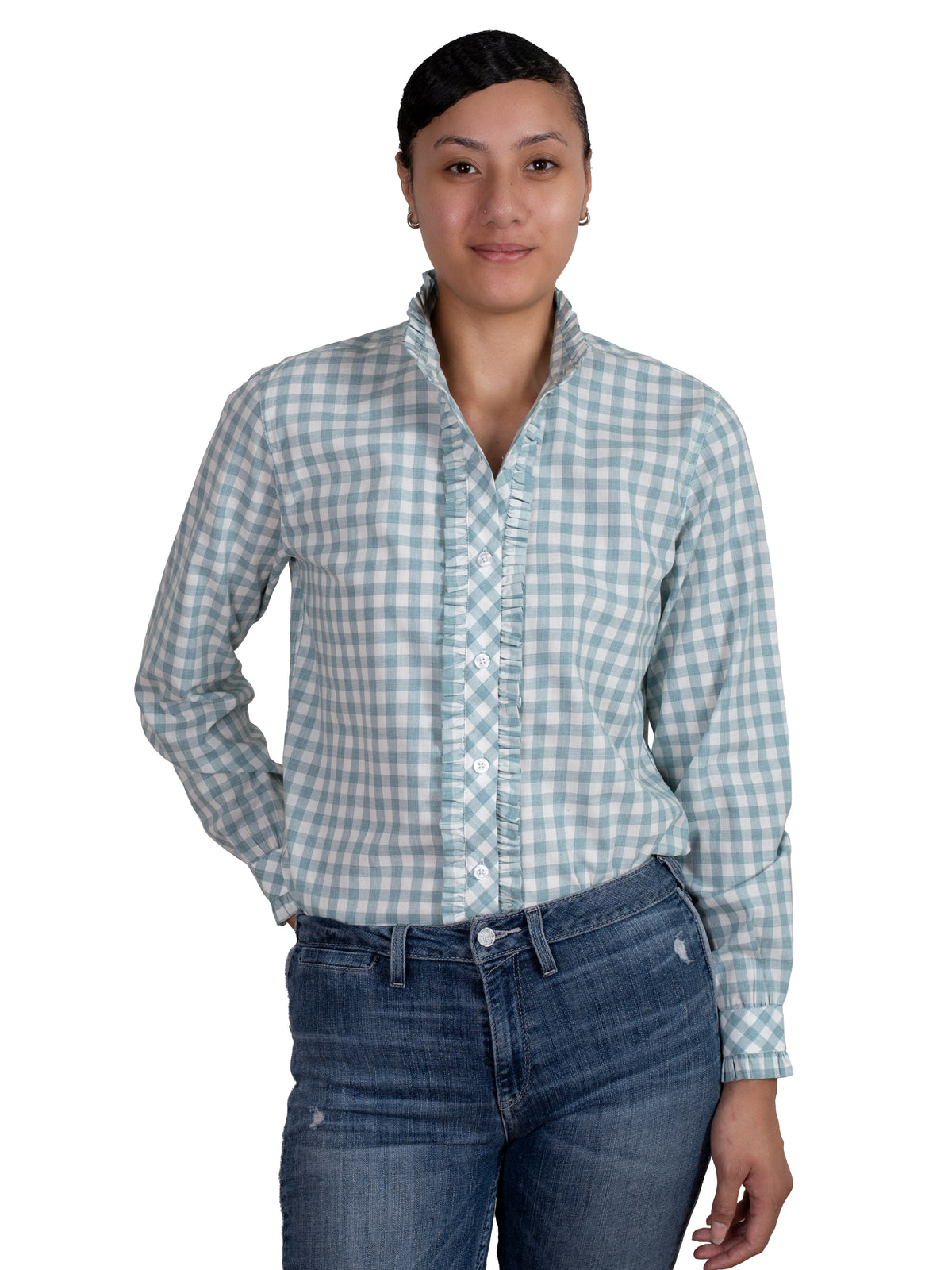 Just Country Womens Abbey Frills Full Button Shirt - Dusty Turquoise Check