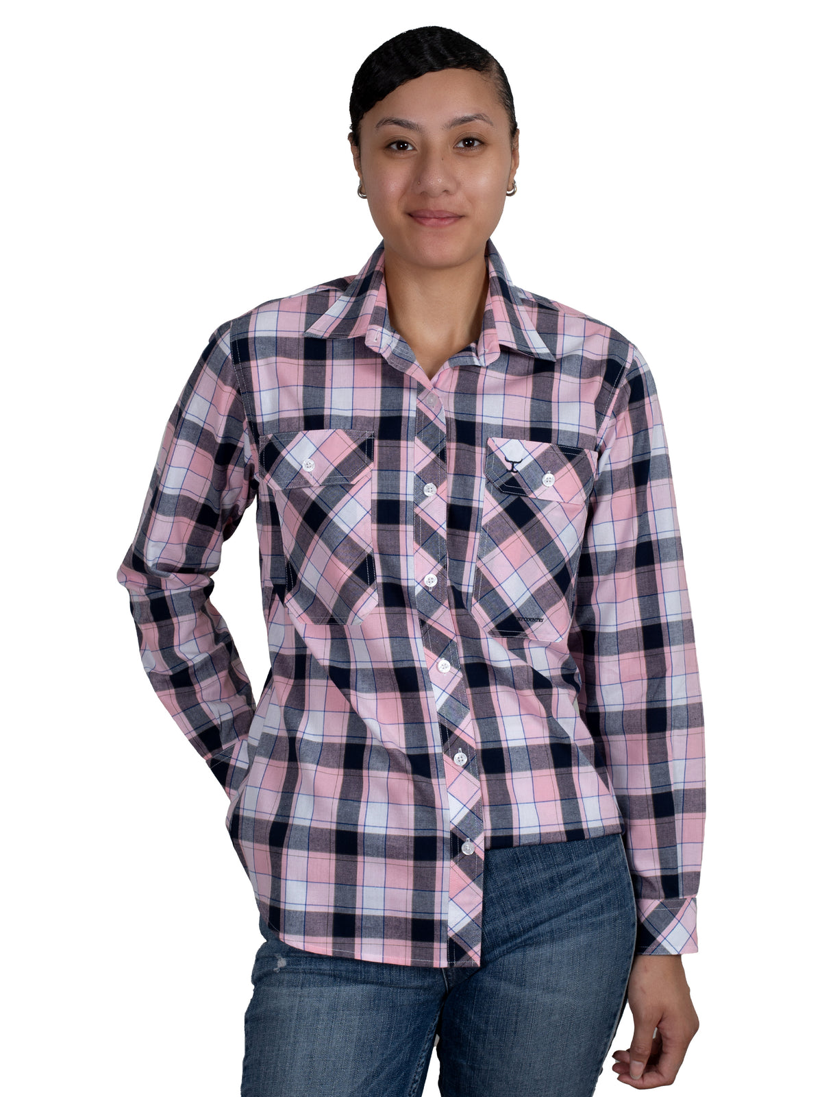 Just Country Womens Abbey Full Button Shirt - Light Pink/Navy Plaid