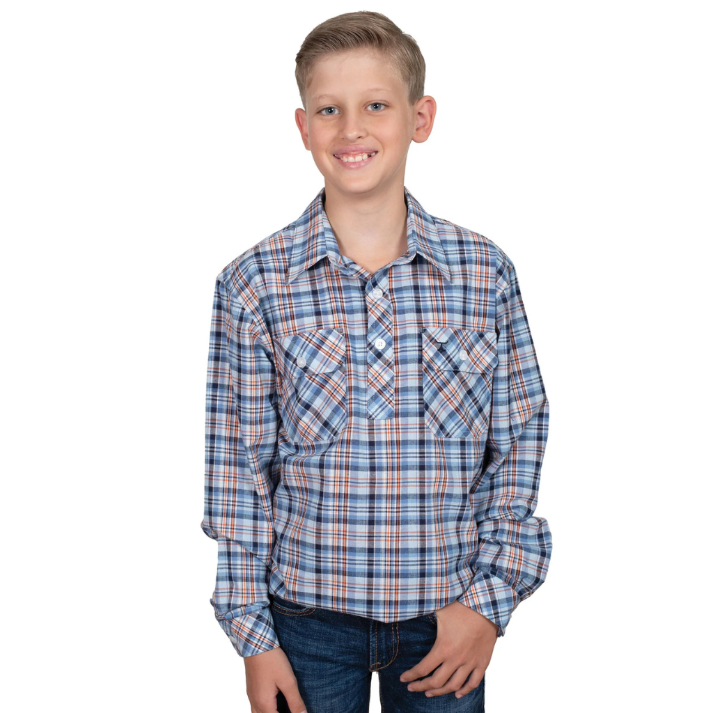 Just Country Boys Brayden Half Button Shirt - Blue/Navy/Orange Plaid