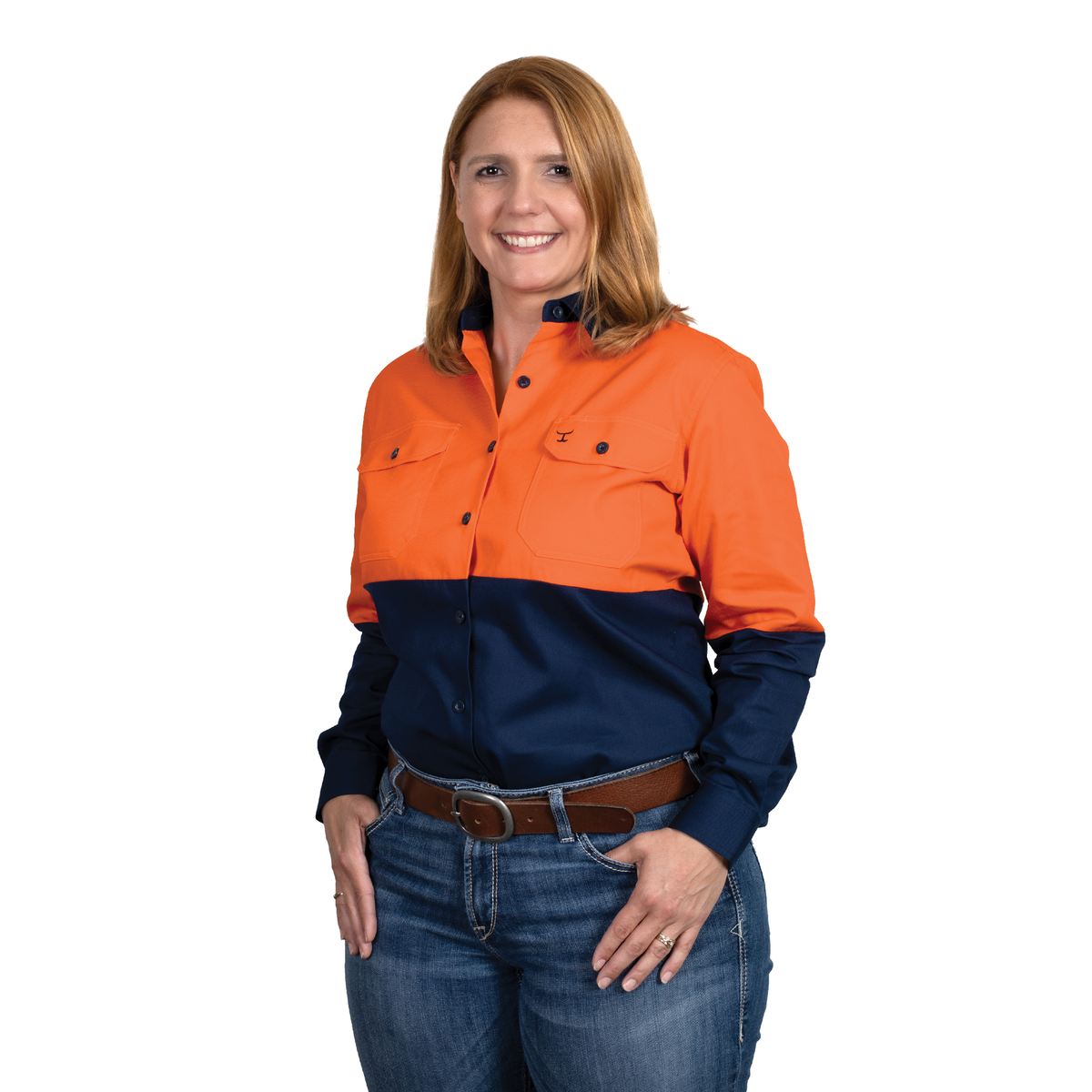 Just Country Womens Brooke Hi Vis Workshirt - Orange/Navy