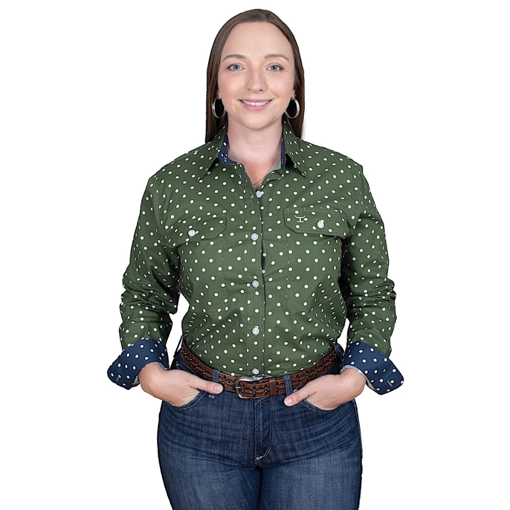 Just Country Womens Abbey Frills Full Button Shirt - Cedar Green Dots/Navy Dots