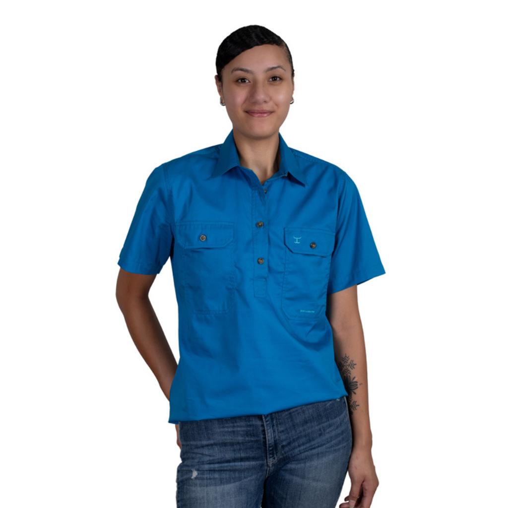 Just Country Womens Evi Short Sleeve Half Button Workshirt - Blue Jewel