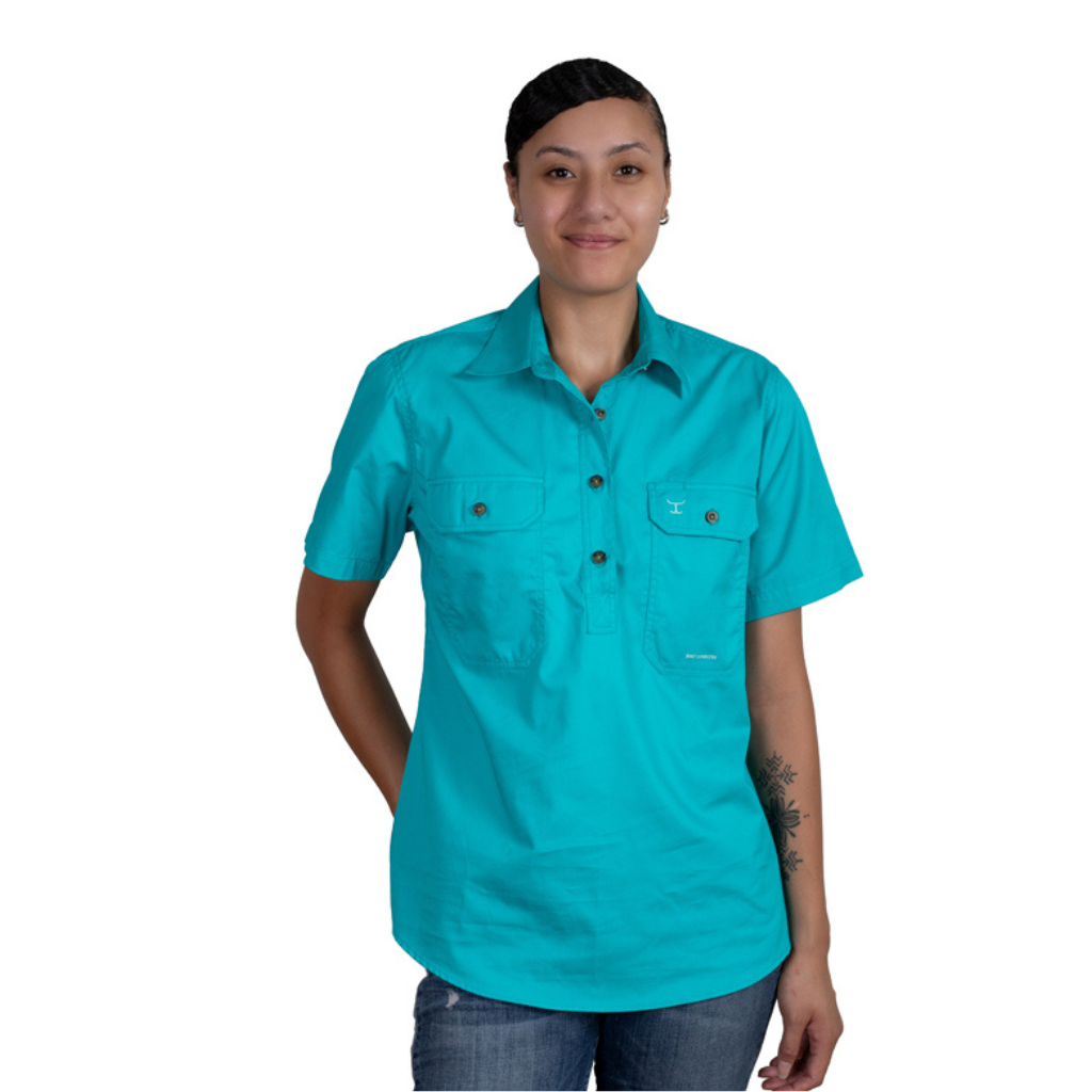 Just Country Womens Evi Short Sleeve Half Button Workshirt - Turquoise