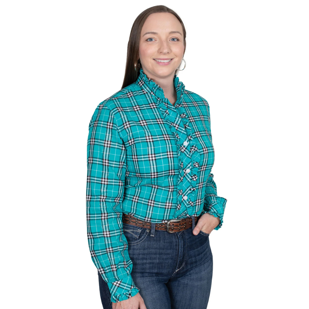 Just Country Womens Abbey Frills Full Button Shirt - Peacock Green Lurex Plaid