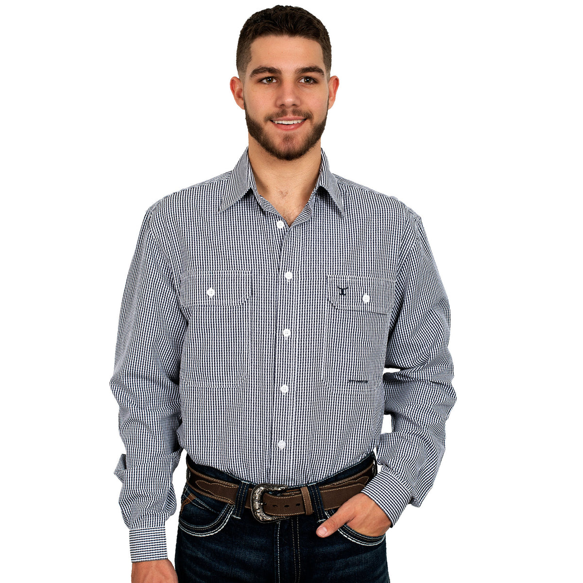 Just Country Mens Austin Full Button Print Shirt - Navy/White Mini Check