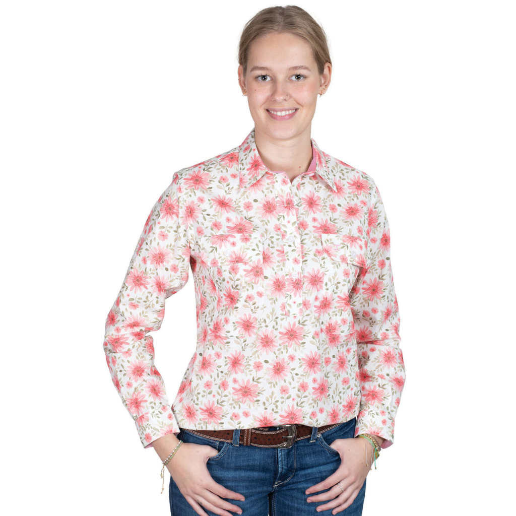 Just Country Womens Georgie Half Button Shirt - White Gerberas/Rose