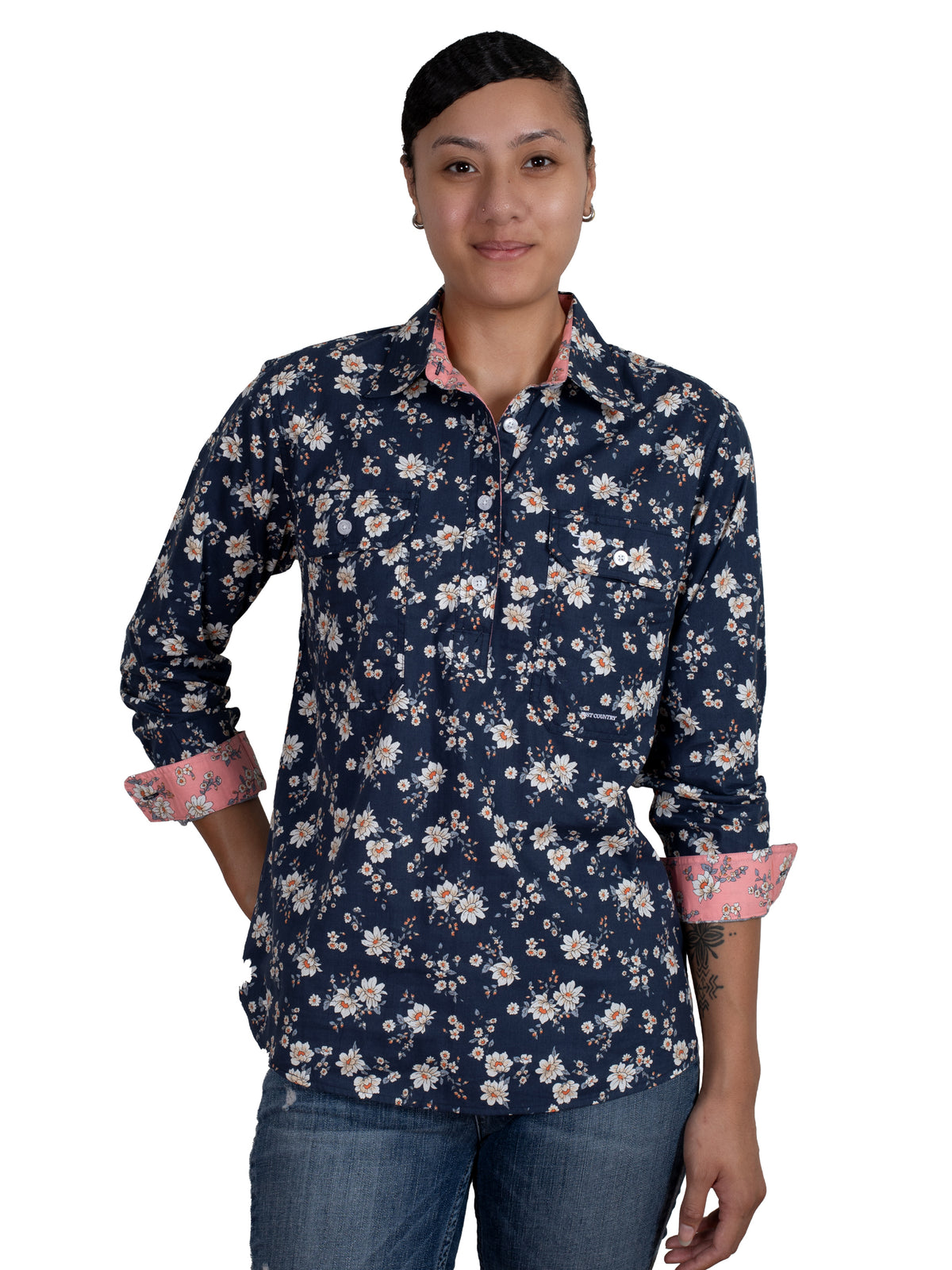 Just Country Womens Georgie Half Button Print Shirt -Midnight Navy Magnolia