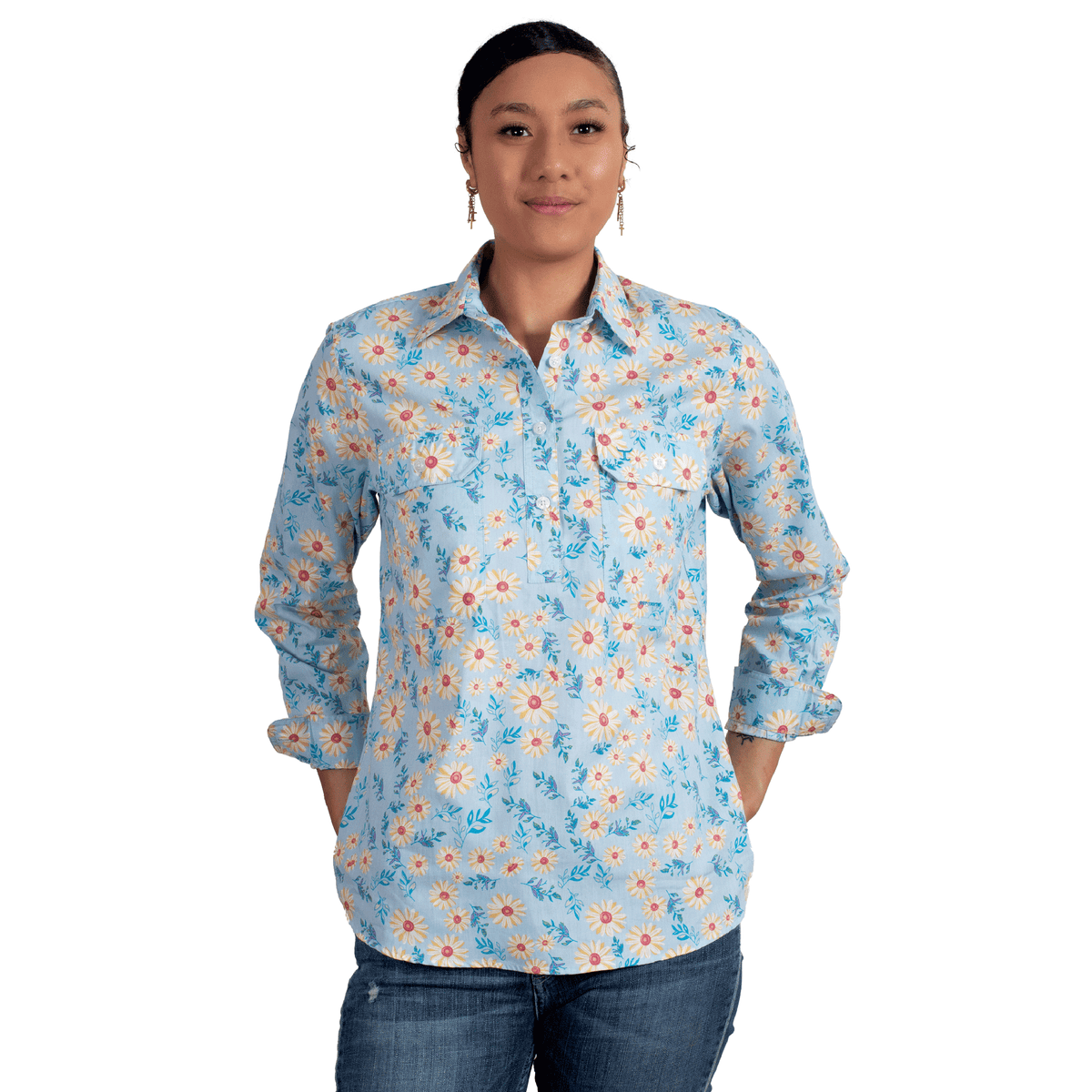 Just Country Georgie Half Button Print Shirt - Navy Daisies