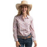 Just Country Womens Georgie Shirt - White, Tan/Baby Pink Plaid