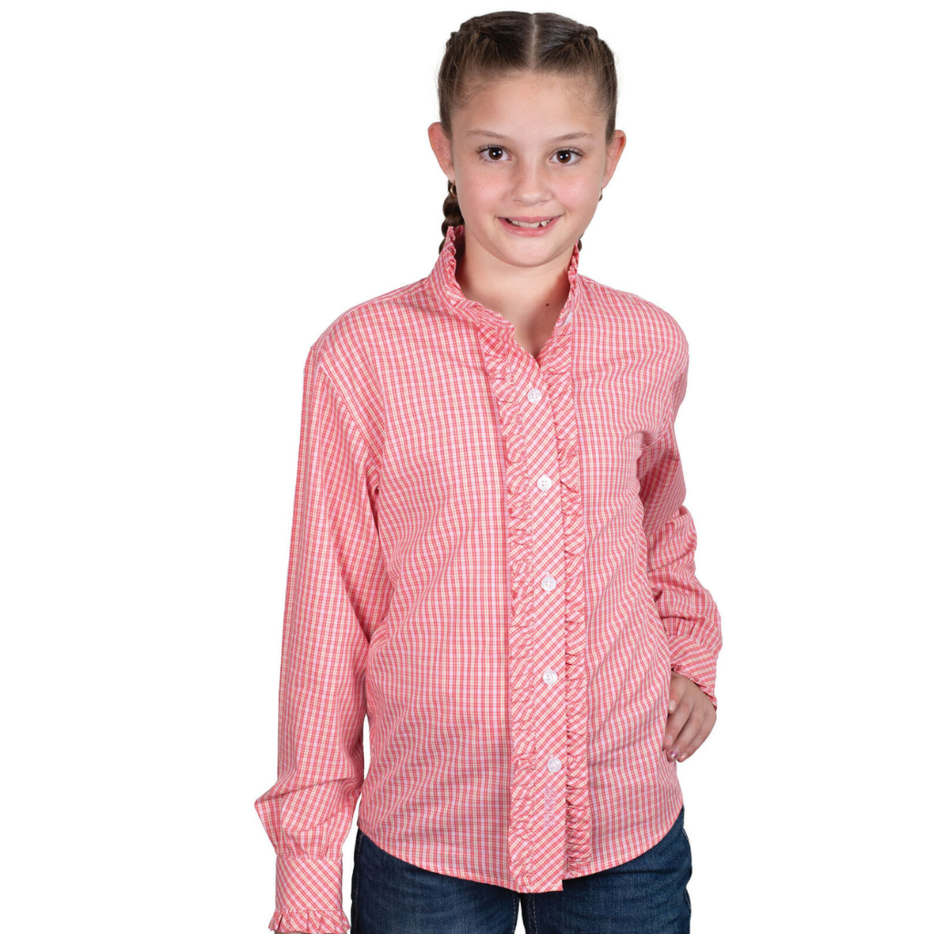 Just Country Girls Gracie Frills Full Button Print Shirt- Light Pink/Pink Plaid