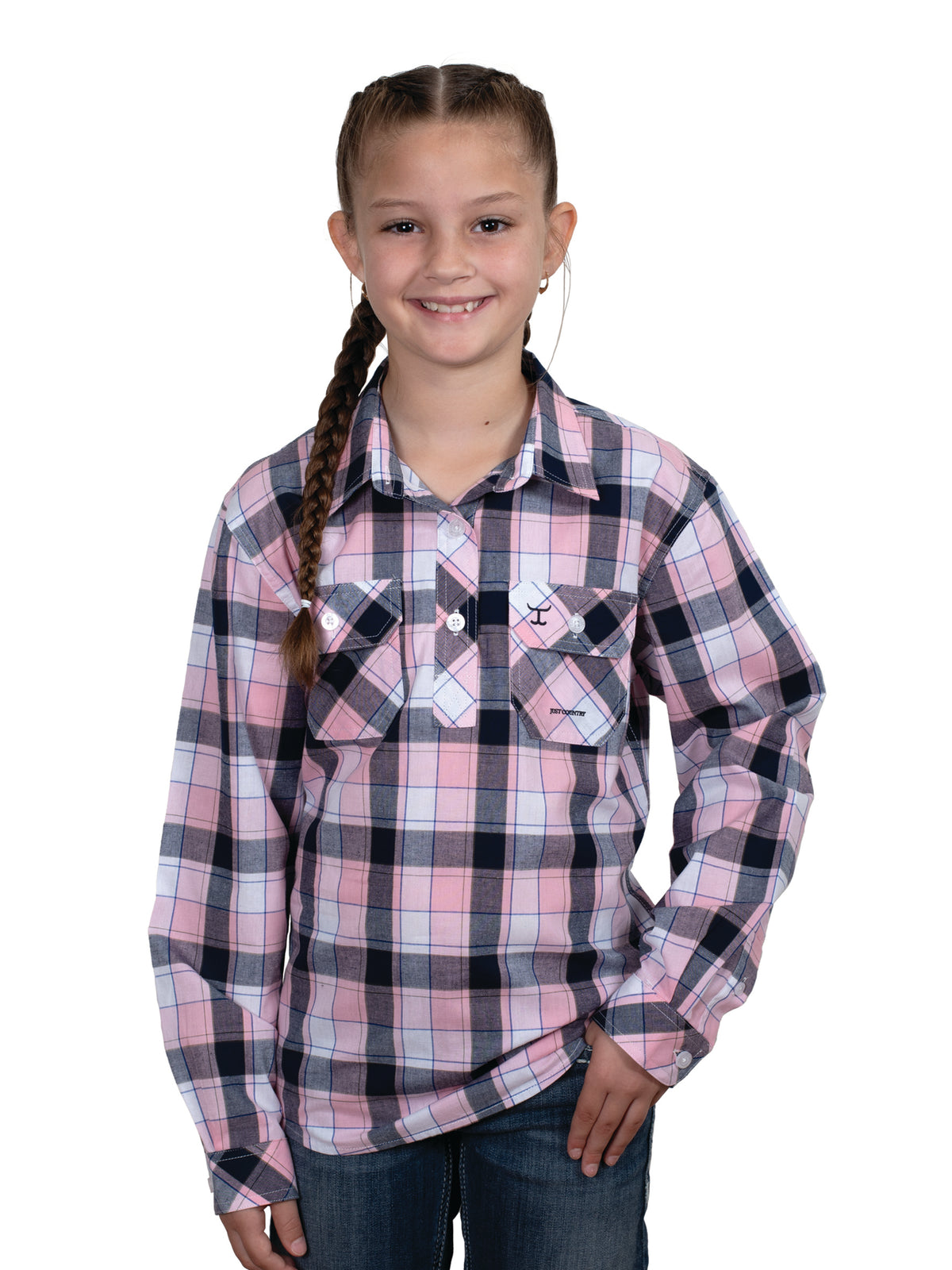 Just Country Girls Harper Half Button Shirt - Light Pink/Navy Plaid