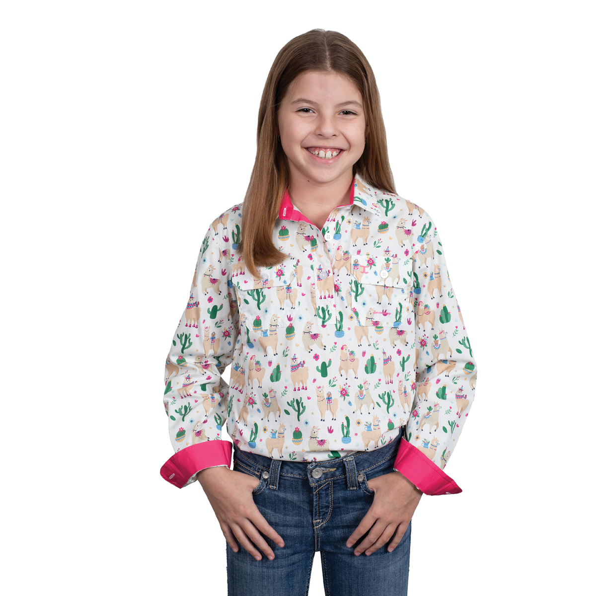 Just Country Girls Harper Half Button Shirt - White Llamas