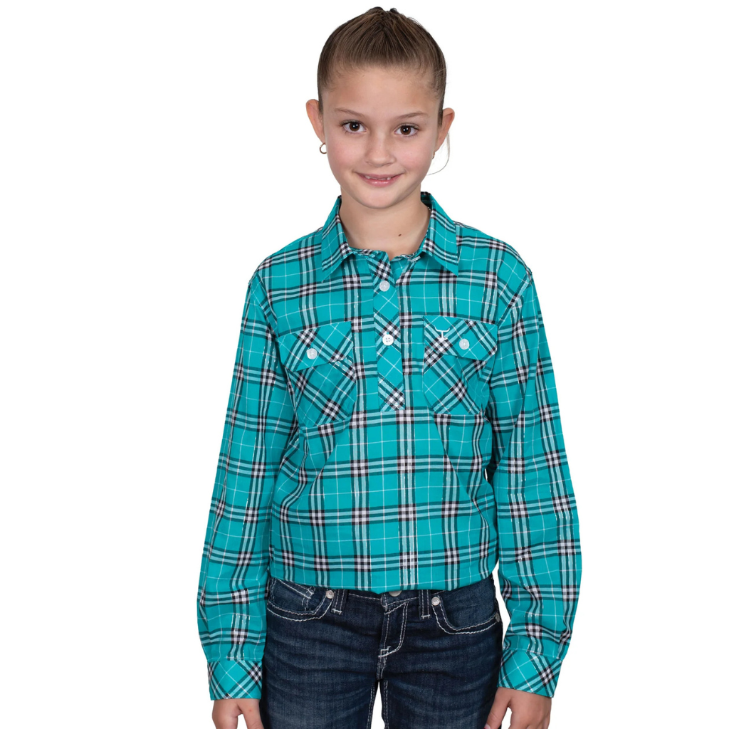 Just Country Girls Harper Half Button Print Shirt - Peacock Lurex Plaid