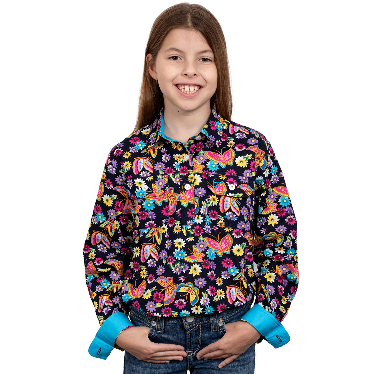 Just Country Girls Harper Half Button Print Shirt - Navy/Neon Butterfly