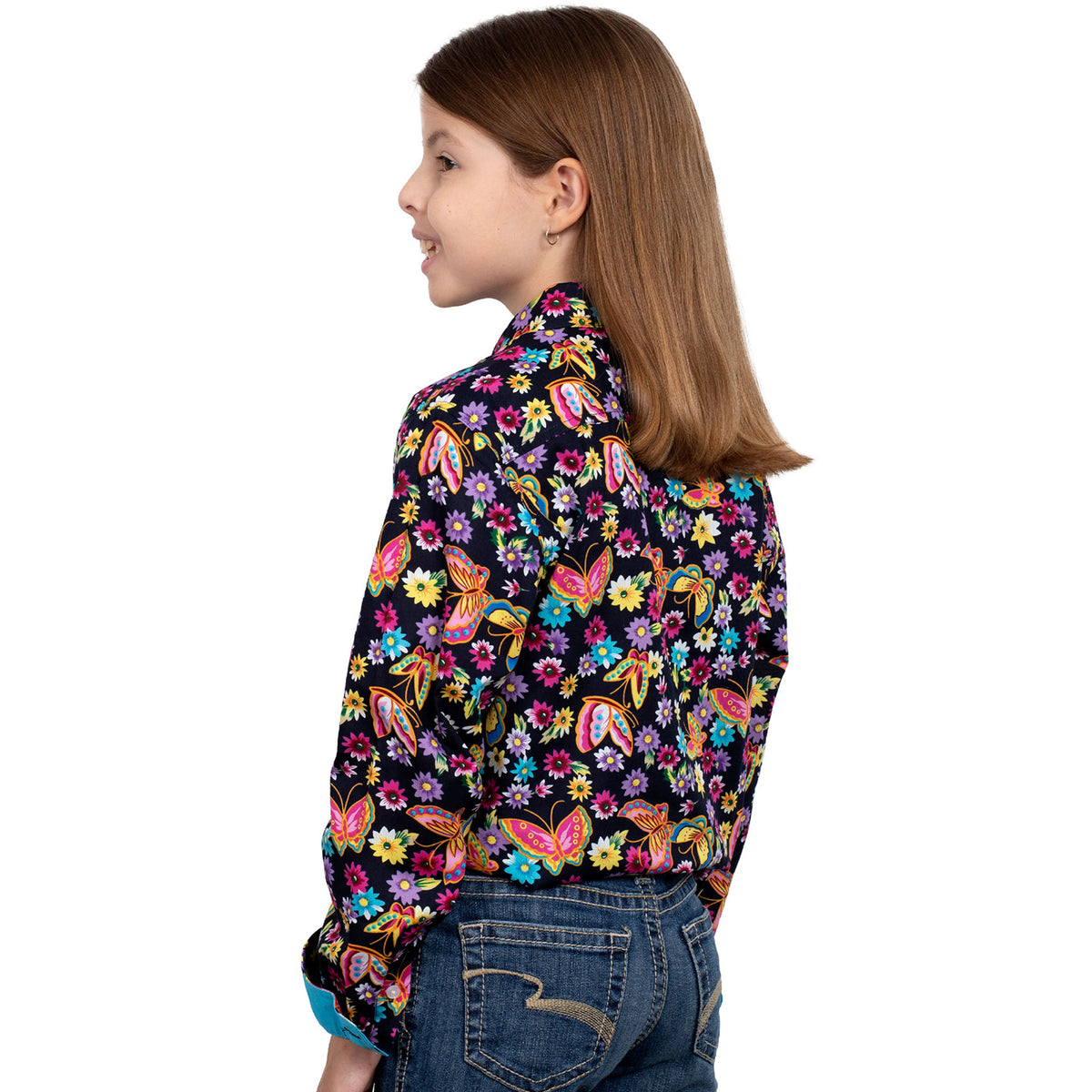 Just Country Girls Harper Half Button Print Shirt - Navy/Neon Butterfly