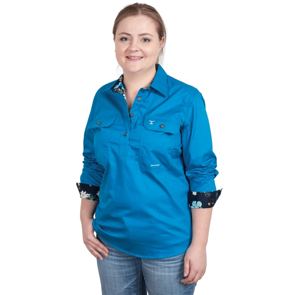 Just Country Womens Jahna Half Button shirt - Blue Jewel/Navy Orchids