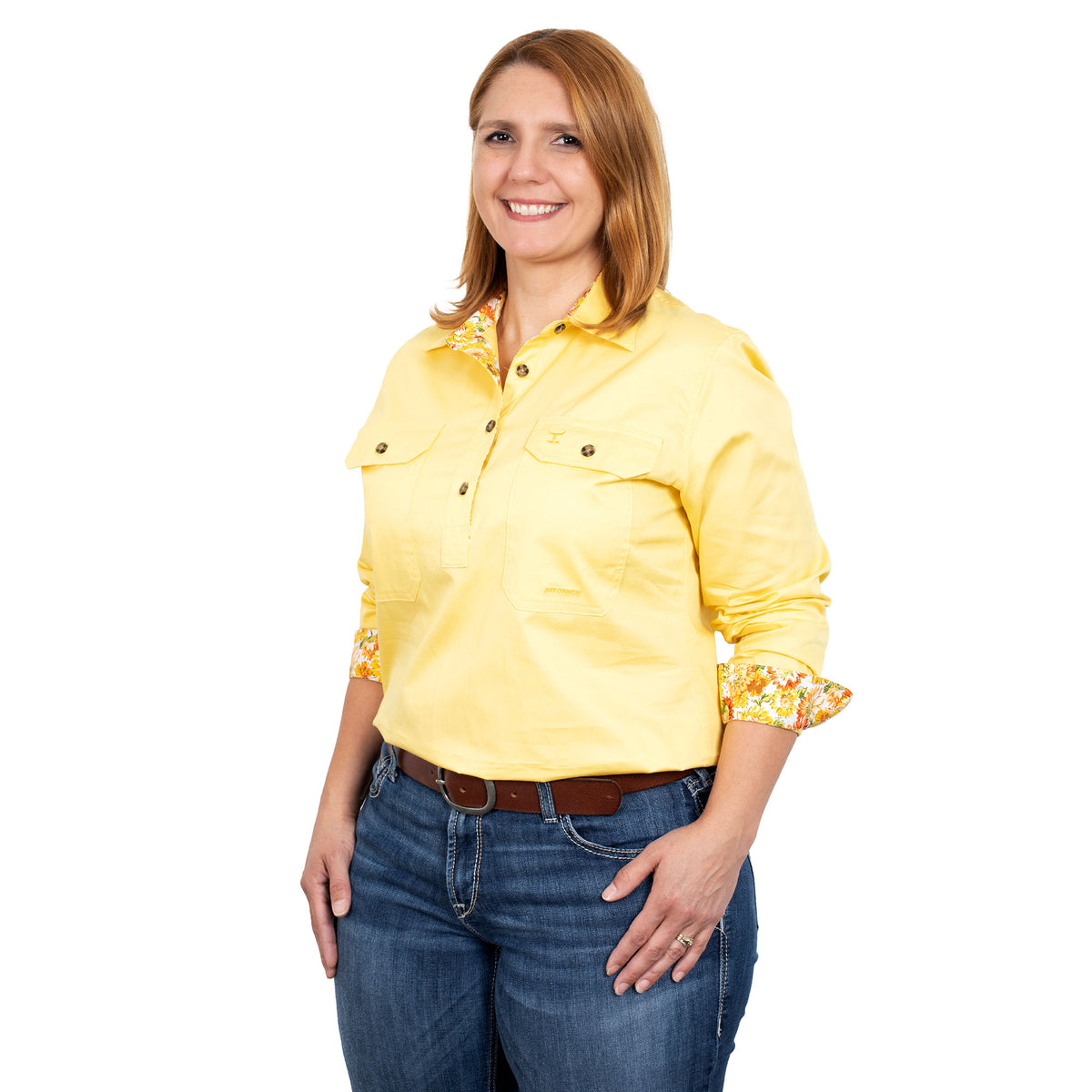Just Country Womens Jahna Trim Solid Shirt - Butter/White Sunflowers