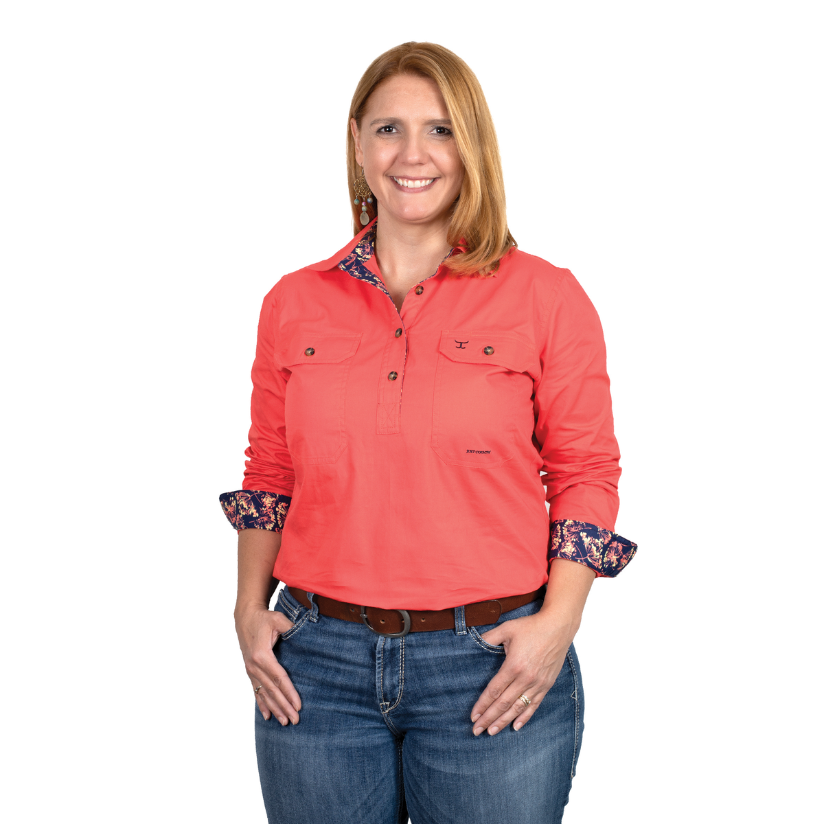 Just Country Jahna Trim Half Button Shirt - Hot Coral/Navy Dandelions