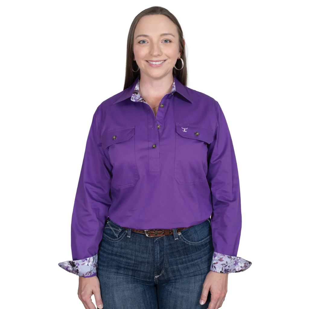 Just Country Womens Jahna Trim Half Button Shirt - Purple/Lilac Blossoms