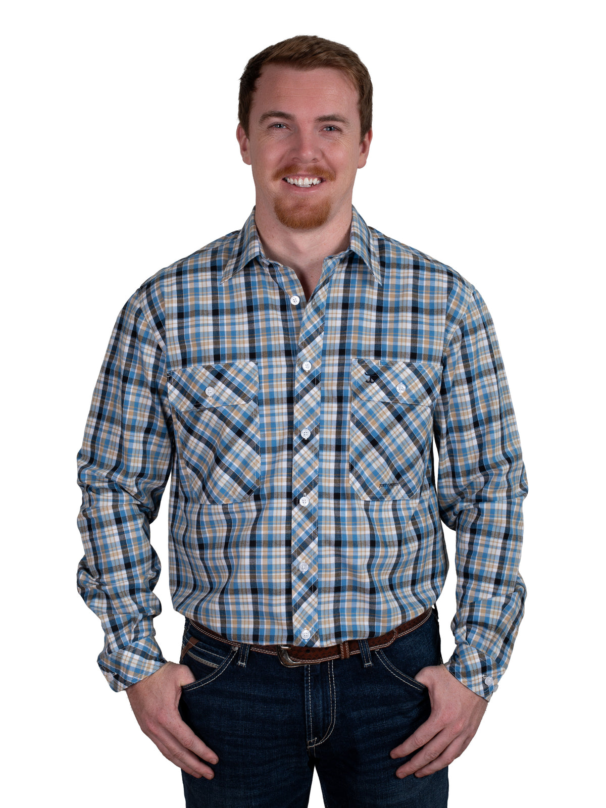 Just Country Mens Austin Full Button Print Shirt - Blue/Khaki Plaid