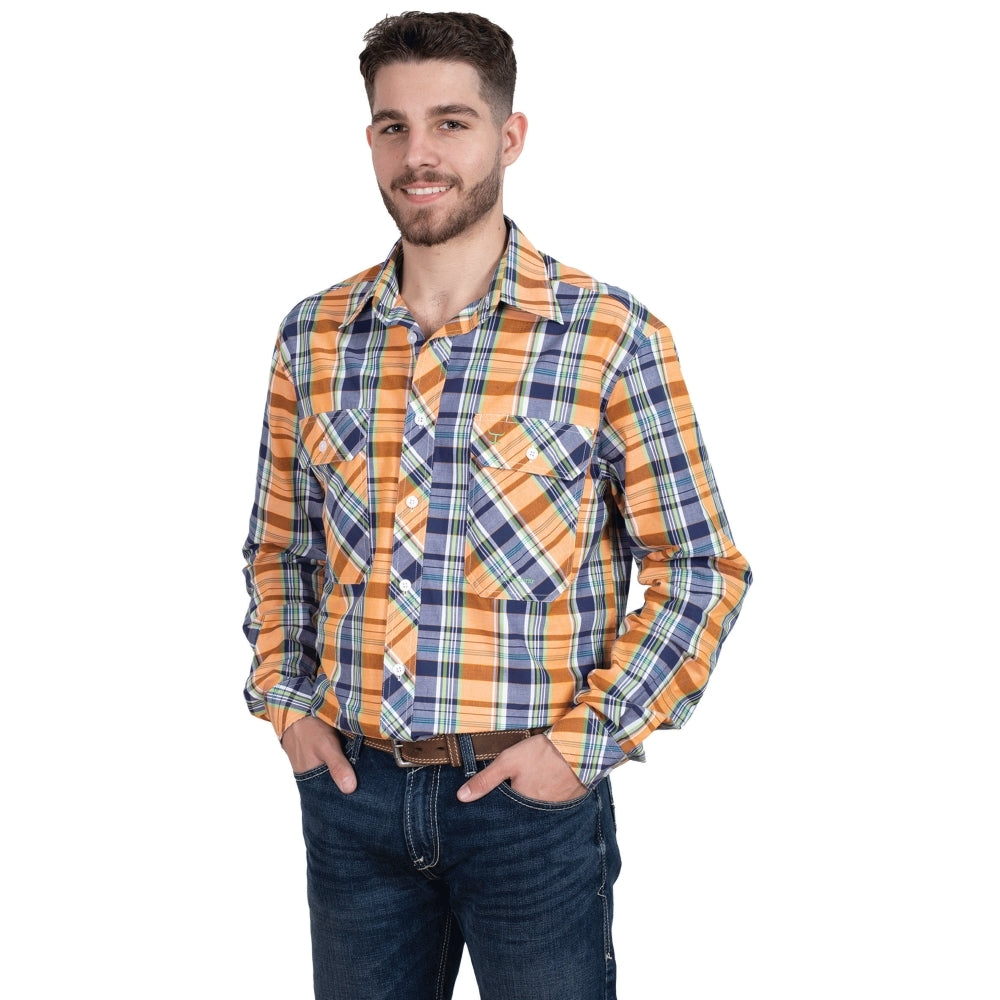 Just Country Mens Austin Full Button Shirt - Orange/Navy Plaid