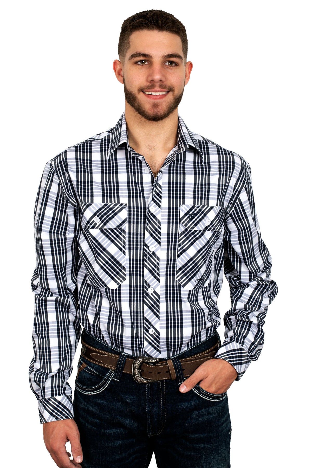Just Country Mens Austin Full Button Plaid Shirt - Navy/White