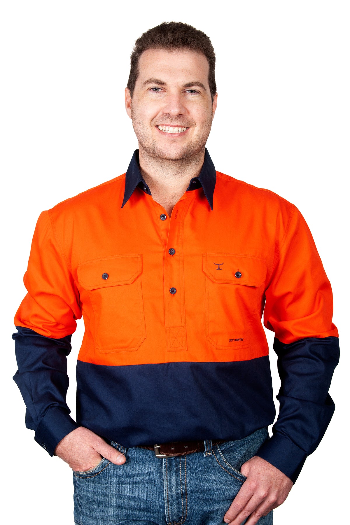 Just Country Mens Cameron Hi Vis Workshirt - Orange/Navy