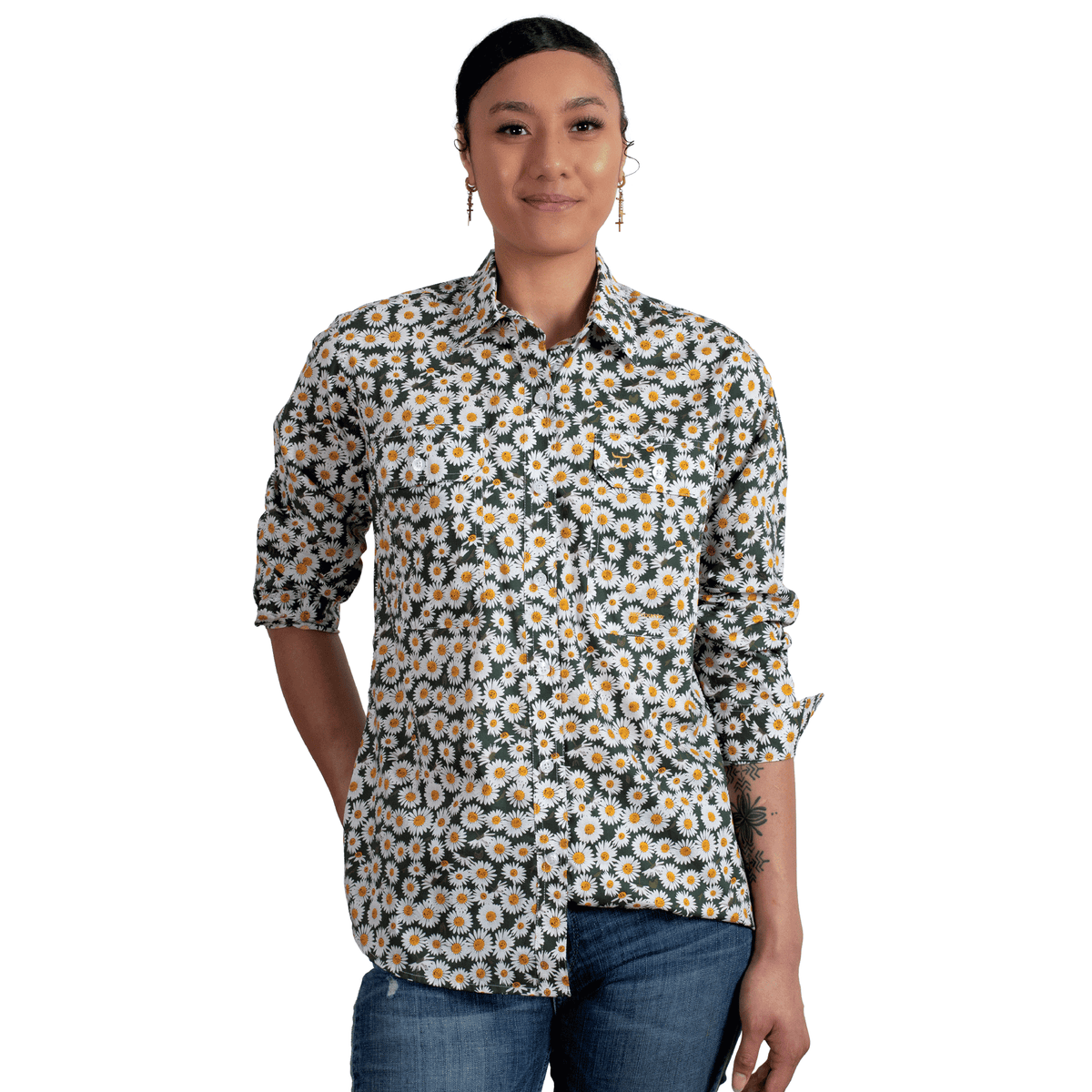 Just Country Womens Abbey Full Button Shirt - Olive Daisies