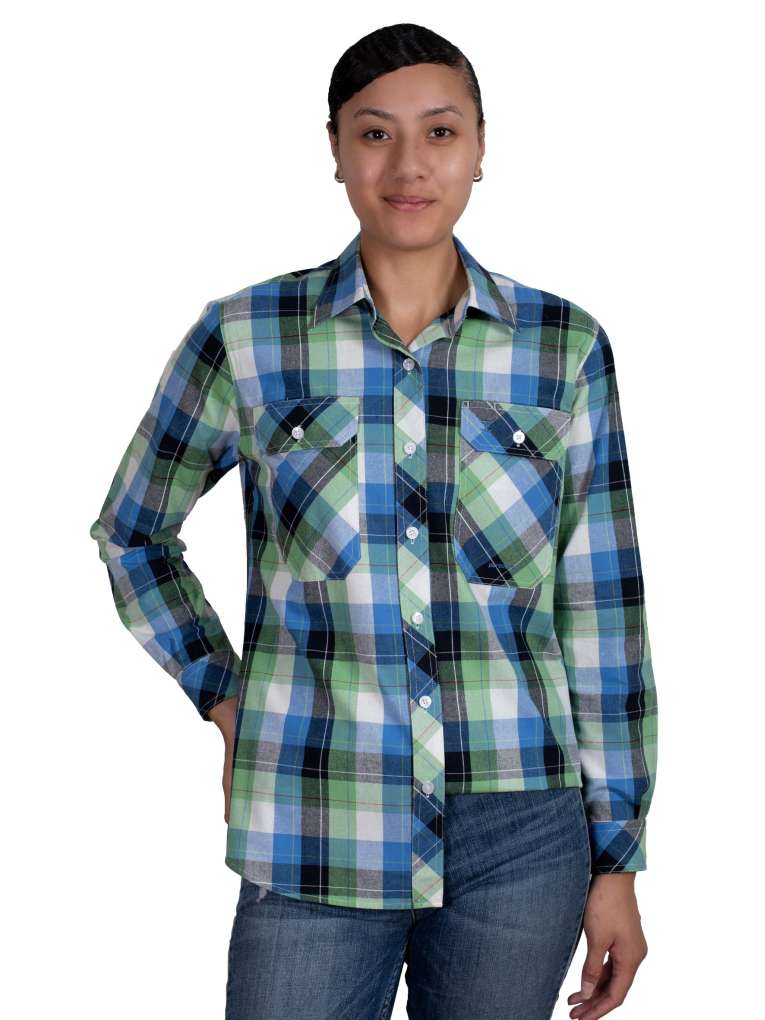 Just Country Womens Abbey Full Button Shirt - Lime Green/Blue Plaid