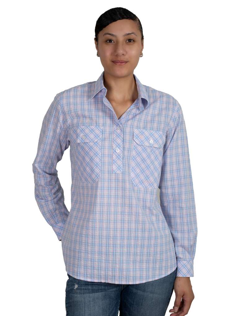 Just Country Womens Georgie Half Button Print Shirt - Light Pink/Cornflower Check