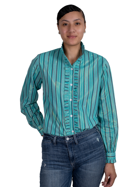 Just Country Womens Abbey Frills Full Button Shirt - Turquoise Stripe