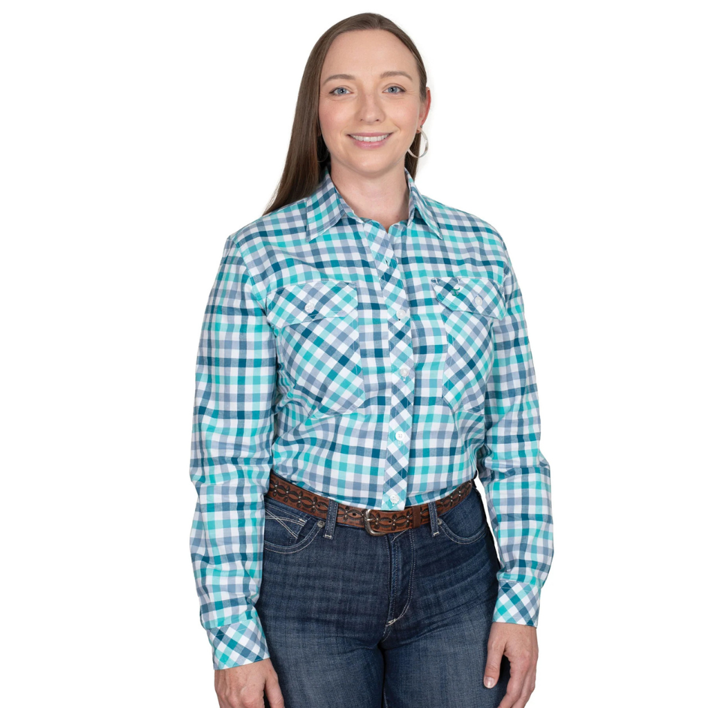 Just Country Womens Abbey Full Button Print Shirt - Turquoise/Deep Teal Check