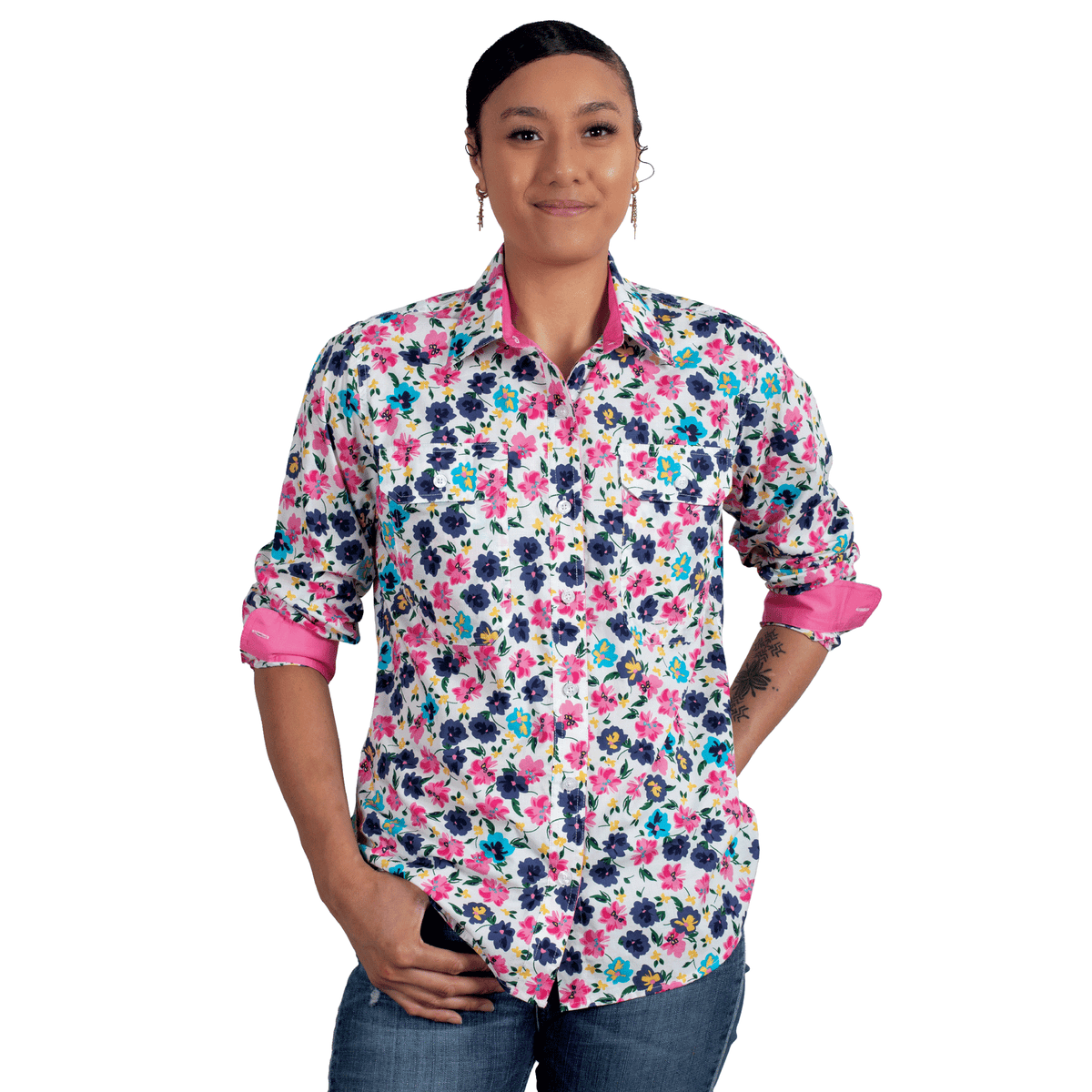 Just Country Womens Abbey Full Button Print Shirt - White Pansies