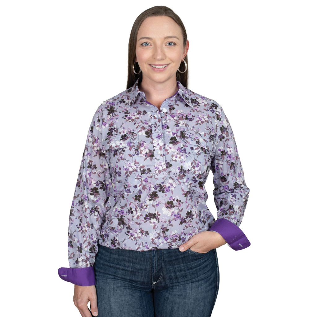 Juts Country Womens Geogie Half Button Shirt - Lilac Blossoms/Purple
