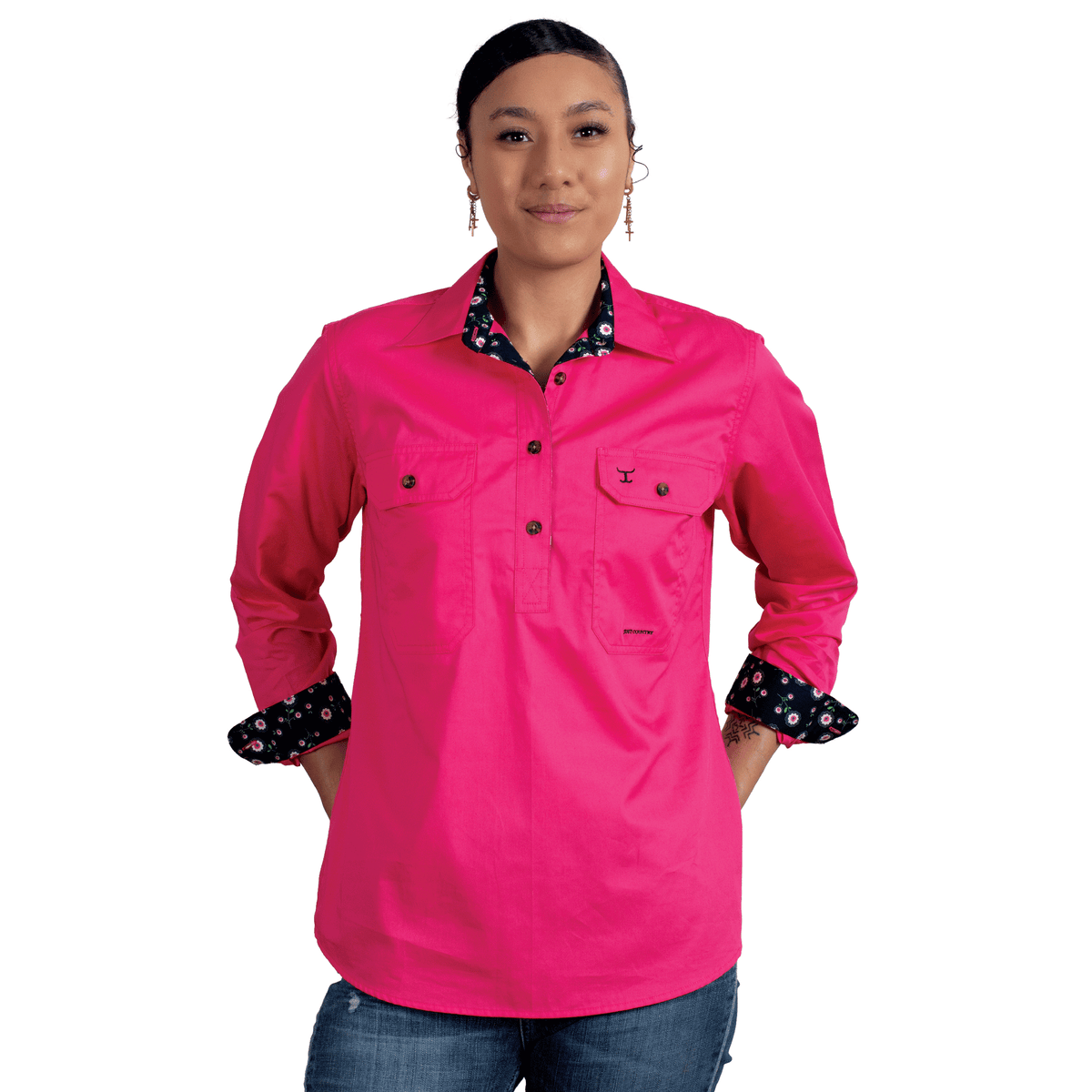 Just Country Womens Jahna Trim Half Button Shirt - Hot Pink/Navy Primrose