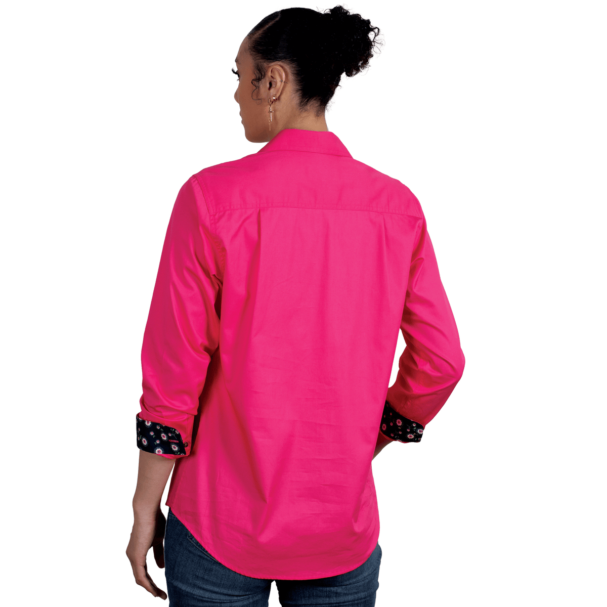 Just Country Womens Jahna Trim Half Button Shirt - Hot Pink/Navy Primrose