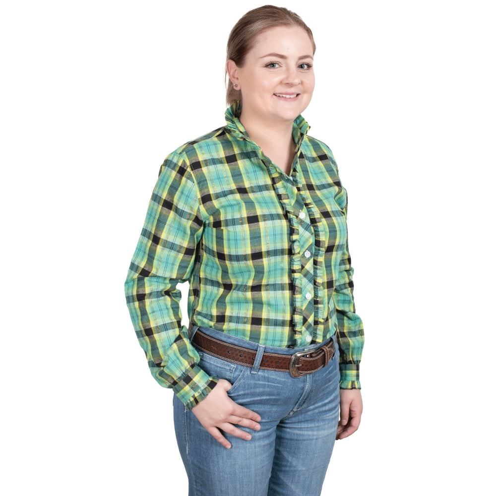 Just Country Womens Abbey Frills Full Button Shirt - Spearmint/Black Lurex Plaid