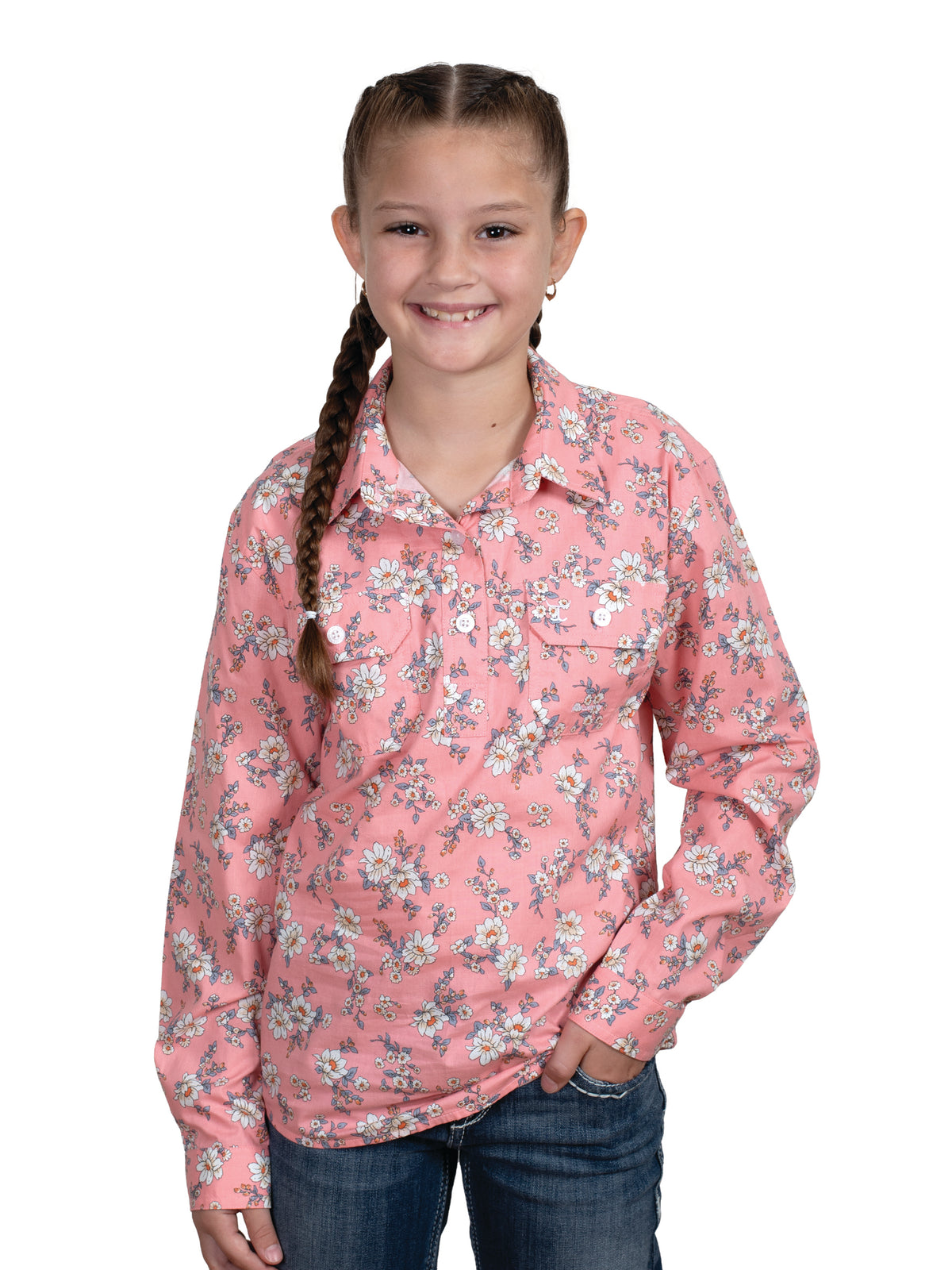 Just Country Girls Harper Half Button Print Shirt - Sunset Pink Magnolias