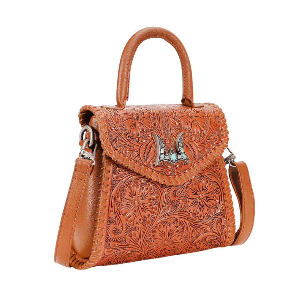 Loyal West Leon Mini Handle Purse - Brown Hand Tooled Leather