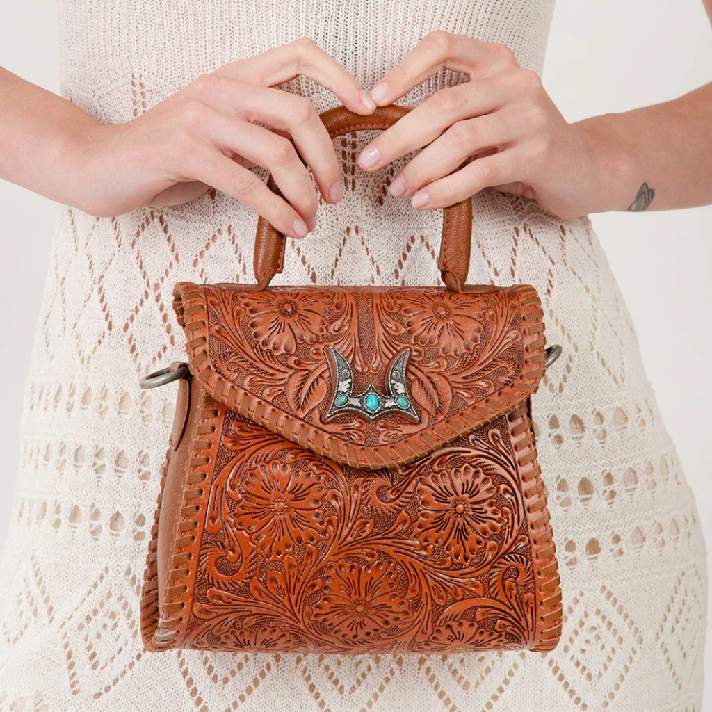 Loyal West Leon Mini Handle Purse - Brown Hand Tooled Leather