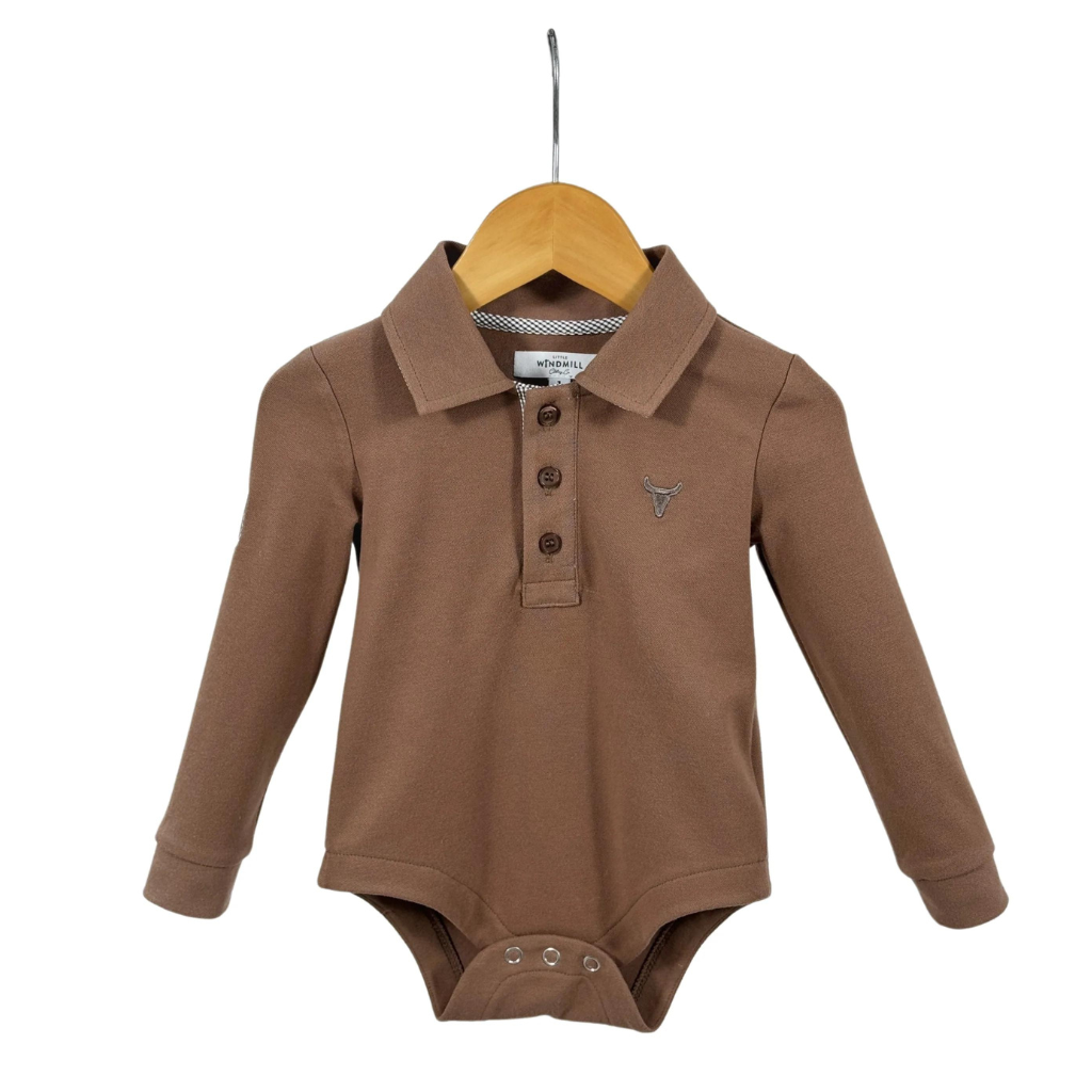 Little Windmill Barker Baby Polo Romper - Dessert Brown