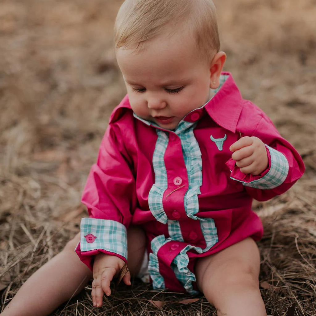 Little Windmill Girls Carly Romper - Hot Pink/Teal