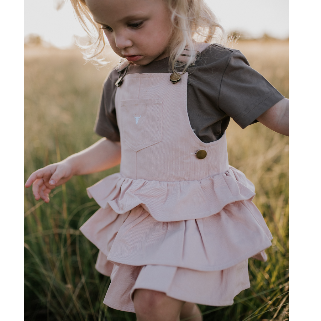 Little Windmill Girls Lottie Denim Ruffle Overall Dress - Blush